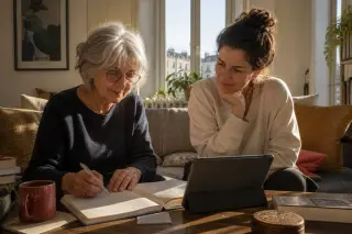 Senior woman and adult daughter in a Nantes living room, sitting side by side, writing notes together and using a tablet, bathed in gentle natural light.