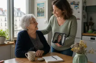 Senior woman and adult daughter in a cozy Nantes kitchen, chatting and looking at a tablet together by a sunny window.
