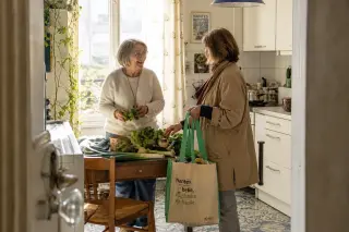 Elderly woman and neighbor sharing a natural laugh while sorting vegetables in a cozy sunlit kitchen in Nantes, informal and warm atmosphere.