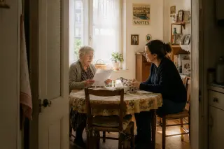Senior woman reads a letter to a volunteer in a sunlit, cozy Nantes kitchen, both engaged in a natural, warm interaction.