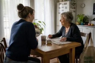 Senior woman and younger neighbor sharing tea and conversation in a sunlit Nantes kitchen, captured naturally from behind the visitor.