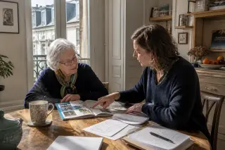Senior woman and adult daughter in a cozy Nantes kitchen, discussing local outings over tea, absorbed in conversation with natural daylight