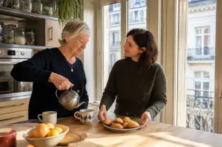 Senior woman and adult daughter prepare tea together in a sunlit Nantes kitchen, sharing a quiet, authentic moment.