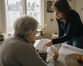 Senior woman reviewing a notebook with her daughter in a sunlit Nantes kitchen, captured from a candid, behind-the-shoulder angle.