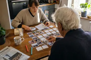 Senior man and daughter create a memory game with local photos at a sunlit kitchen table in a cozy Nantes apartment.