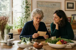 Senior woman and adult daughter reading a recipe together at a kitchen table in a sunlit Nantes apartment, with fresh ingredients and a city map nearby, in a relaxed, candid moment.