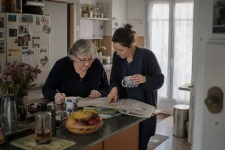 Senior woman and adult daughter working together on a crossword puzzle at a kitchen counter in a softly lit Nantes apartment, natural morning light creating a casual and intimate atmosphere.
