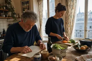 Senior man and adult daughter preparing a recipe together in a softly sunlit Nantes kitchen, focused and relaxed, with a natural candid feel.