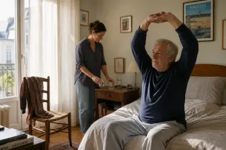 Senior man stretches quietly on bed in a softly lit Nantes bedroom while his daughter prepares water, both in a natural, calm morning scene.
