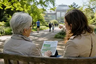 Senior woman and her adult daughter on a bench in Nantes' Jardin des Plantes, calmly discussing a walk with greenery and a glasshouse in the background under soft daylight.