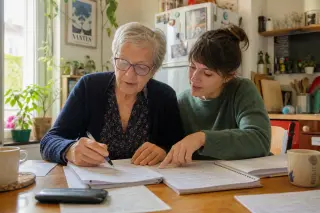 Senior woman and adult daughter consulting documents together at a kitchen table, morning light creating a calm and authentic domestic scene.