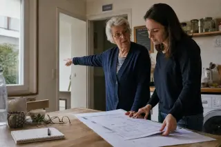 Senior woman and her adult daughter in a sunlit Nantes kitchen discussing renovation plans, natural and candid atmosphere.