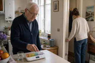 Elderly man and his daughter in a sunlit Nantes kitchen, arranging medication and support aids in a calm, homelike atmosphere.
