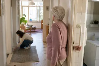 Senior woman and her daughter in a Nantes apartment; one tidying a hallway rug, the other naturally using a grab bar by the bathroom. Warm light and subtle interaction underline a sense of everyday comfort and discreet safety adaptations.