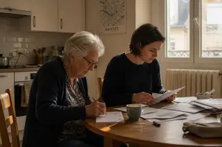 Senior woman and her adult daughter working together at a kitchen table, reviewing notes and documents in soft natural light.