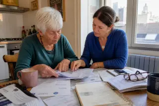 Senior woman and middle-aged daughter at a kitchen table in Nantes, sorting mail and bills together in natural afternoon light, showing a moment of quiet cooperation.