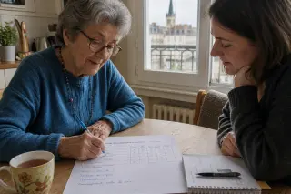 Senior woman and her adult daughter at a kitchen table in Nantes, filling out an assessment sheet together in soft natural light, with relaxed gestures and a reassuring atmosphere.