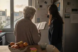 Senior woman and her adult daughter in a cozy Nantes kitchen at dawn, discussing notes together in natural, warm morning light.