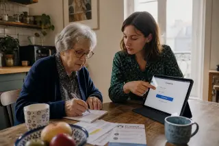 Senior woman and her adult daughter at a kitchen table, collaborating on a secure online login using a tablet and handwritten notes, with soft natural daylight creating a warm, intimate atmosphere.