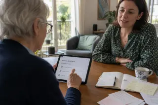 Senior woman using a tablet with her daughter nearby at a dining table in a softly lit Nantes apartment, both engaged in an everyday task with handwritten notes and coffee on the table.