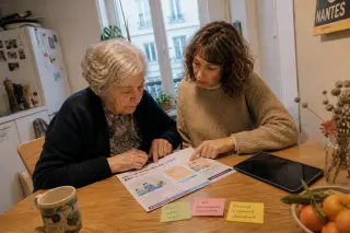 Two women, a senior and her adult daughter, naturally interacting at a kitchen table in Nantes, sharing a printed online guide with handwritten notes, soft daylight illuminating a warm domestic scene.