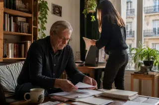 Senior man organizing papers with his adult daughter in a cozy Nantes living room, natural afternoon light, unposed atmosphere