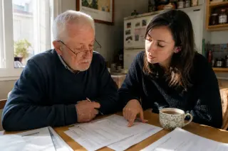 Senior man and his daughter at a kitchen table in Nantes, reviewing paperwork together in natural daylight, candid and supportive atmosphere.