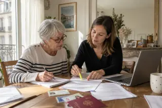 Senior woman and her daughter review documents together at a dining table in a softly lit Nantes apartment, immersed in paperwork and gentle conversation.