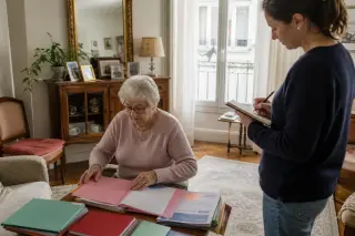 Senior woman and her adult daughter sorting important papers together at home in a Nantes apartment, natural light highlighting a calm, everyday atmosphere.
