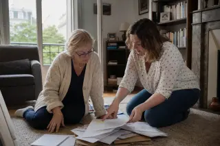 Two women, a senior and her daughter, kneel on a living room carpet organizing documents together, with natural light from a window and a warm, relaxed atmosphere.