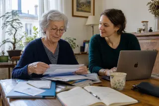 Senior and adult daughter quietly organizing documents together at a dining table in a sunlit Nantes apartment, natural daylight, authentic everyday setting.