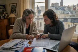 Senior woman and her adult daughter sitting at a dining table in a sunlit Nantes apartment, sorting documents and discussing calmly, surrounded by everyday mail and papers.