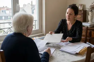 Senior woman and adult daughter organizing papers at a dining table in a Nantes apartment, natural light coming from a window