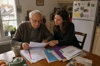 Senior man and adult daughter at a kitchen table, sorting papers together in natural daylight, candid and relaxed scene.