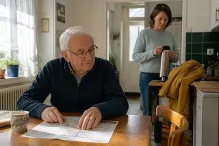 Senior man reviewing a tram map with his daughter preparing for an outing in a warm, sunlit Nantes kitchen, both engaged in natural, calm activity.