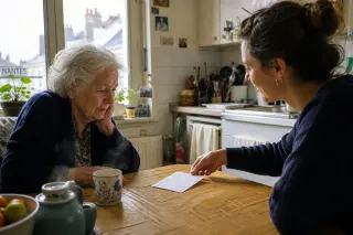 Senior woman and adult quietly exchanging a handwritten note over coffee in a sunlit kitchen, showing trustful daily interaction.