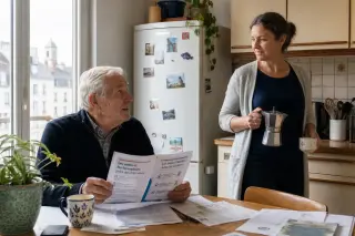 Senior man and his adult daughter in a Nantes kitchen, calmly talking while he reads an informational brochure, morning light creating a warm, natural atmosphere.