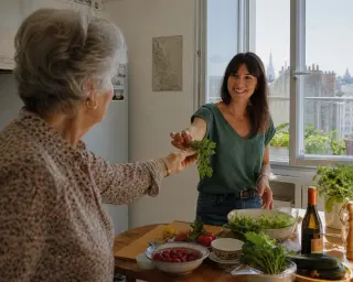 Elderly woman and her adult daughter naturally preparing lunch together in a bright Nantes kitchen, sunlight streaming through the window, hands passing fresh herbs.