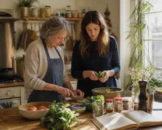 Senior woman and adult daughter preparing lunch together in a cozy, sunlit Nantes kitchen, naturally interacting without posing.