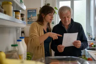 Senior man and adult daughter discussing a shopping list together in a warm, softly lit Nantes kitchen, viewed from inside an open refrigerator, with relaxed and natural interaction.