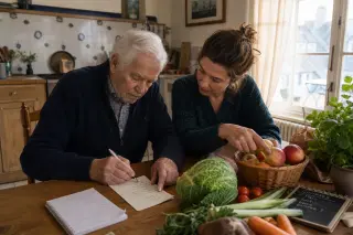 Senior man and adult daughter reviewing a grocery list together at a sunlit kitchen table, surrounded by fresh produce and handwritten notes.