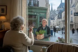 Senior woman inside her home gestures through a window to a neighbourhood grocer outside on a Nantes street, with soft daylight, warm interior details, and natural, authentic atmosphere.