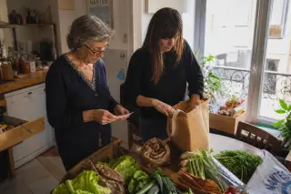 Senior woman and her adult daughter unpacks groceries and reviews a shopping list together in a naturally lit Nantes kitchen, engaged in a relaxed and authentic moment.