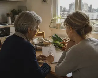 Senior woman and her daughter sitting at a kitchen table in Nantes, discussing a shopping list in natural daylight, vegetables and shopping bag nearby.