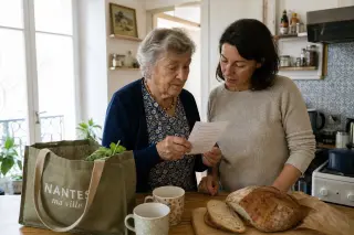 Senior woman and her daughter review a handwritten shopping list at a kitchen counter in a sunlit Nantes apartment, both appearing engaged and relaxed, with natural daylight and visible everyday details.