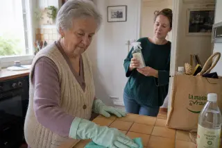 Senior woman cleaning kitchen counter with microfiber cloth as adult daughter reads from eco-friendly cleaning product bottle, natural light and relaxed expressions in a Nantes home.