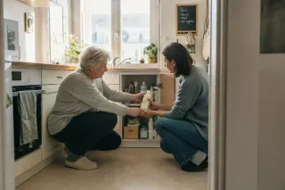 Senior woman and her daughter in a sunny Nantes kitchen organize cleaning products together, showing a calm and natural moment during daily household tasks.