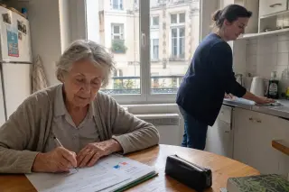 Senior woman filling out paperwork at her kitchen table while her adult daughter cleans nearby in soft natural light, calm everyday ambiance.