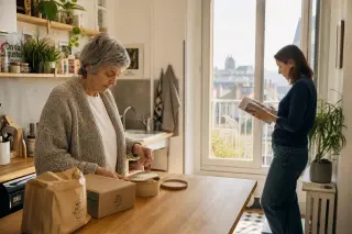 Senior woman unpacking a delivered meal in her Nantes kitchen while her daughter reads a menu, natural daylight and calm, authentic atmosphere.
