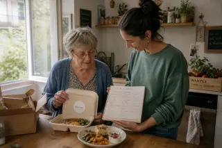 Senior woman and her adult daughter in a cozy Nantes kitchen naturally interacting with a delivered meal and handwritten menu, daylight streaming in, creating a real-life, relaxed atmosphere.